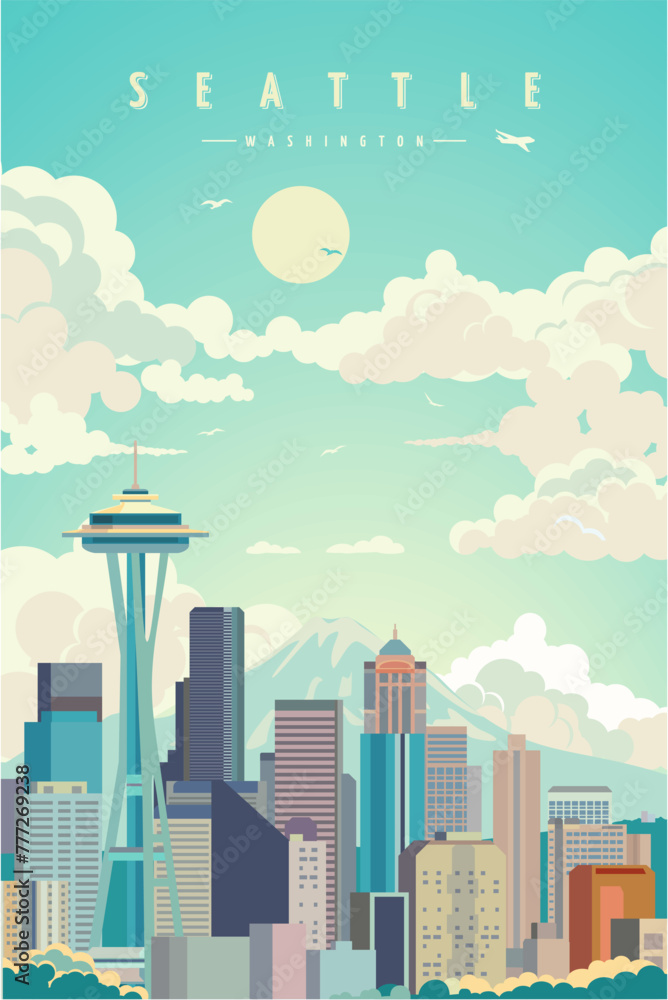 Seattle city retro poster vector illustration, travel destination ...