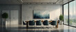 for advertisement and banner as Meeting of Minds A meeting room scene painted in calming watercolor tones. in watercolor office room theme ,Full depth of field, high quality ,include copy space on lef
