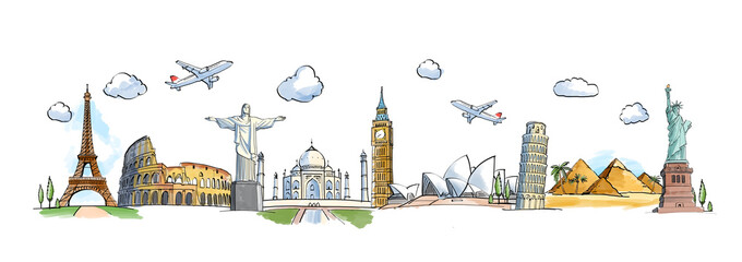 a hand-drawn collage featuring famous world landmarks and airplanes on a white background, conveying