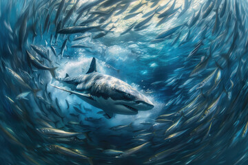 Wall Mural -  an aggressive shark surrounded by school fish
