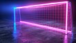 Three-dimensional render of neon soccer field gate, football playground, virtual sportive game, and pink blue glowing line