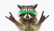 Funny raccoon in green sunglasses showing a rock gesture isolated on white background
