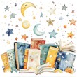A watercolor clipart featuring a collection of babys first books with whimsical covers and illustrations peeking out