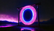 Realistic purple neon rectangle frame with glow effect isolated on dark background. Illuminated geometric shape. Electric light horizontal frame sign.
