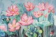 © Vermeulen-Perdaen - Garden painting of lotus flowers and leaves. The dabbing technique near the edges gives a soft focus effect due to the altered surface roughness of the paper.