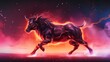 Red Fire Bull, sparks fly from under the hooves, bull galloping across night sky background, banner