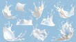 Isolated on blue background, this 3D illustration shows milk splashes of assorted shapes. Moisturizing lotion, white cosmetics splashed on blue background.