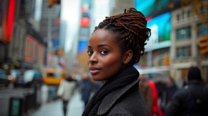 Wall Mural - A woman with braids standing in a busy city street, AI