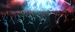 Cheering crowd with raised hands.Silhouette of people in front the scene. Music concert,festival, open air background.stage with searchlight, colorful confetti, bokeh. instrumental music.Generative ai