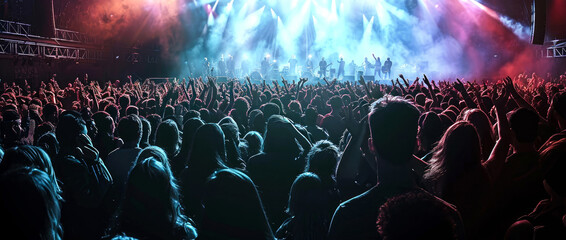 Wall Mural - Cheering crowd with raised hands.Silhouette of people in front the scene. Music concert,festival, open air background.stage with searchlight, colorful confetti, bokeh. instrumental music.Generative ai