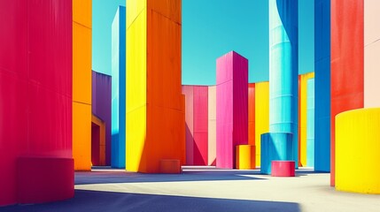 Poster - A colorful building with a blue sky and bright colors, AI