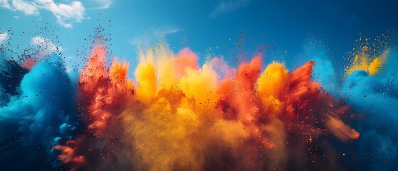 Wall Mural - People celebrate Holi festival throwing colorful powder in the air joyfully. Concept Holi Festival, Colorful Celebrations, Tradition, Cultural Event, Festive Atmosphere