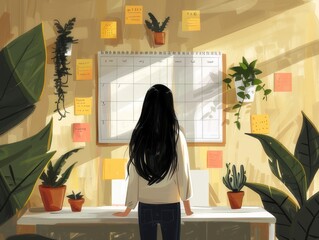 Wall Mural - Image illustration of a long-haired woman standing at a table This scene reflects the simple harmony between nature and technology. Creates a feeling of calm in the midst of work