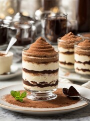 An exquisite Tiramisu dessert with layers of mascarpone, coffee-soaked savoiardi, dusted with cocoa powder, presented on an elegant plate with a fresh mint leaf