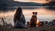 a girl with a dog friend sits near a lake near a burning fire. Mental health, rest and relaxation