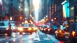Urban cityscape with blurry cars and buildings in the background, busy street scene. High quality photo