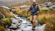A man hiking in the mountains with a backpack and poles, AI