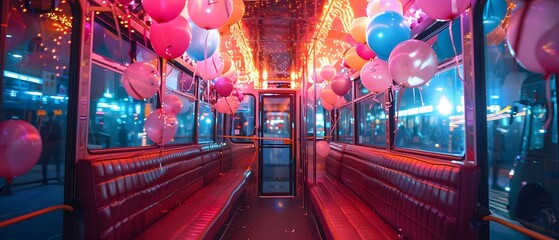 Interior of party bus decorated with balloons streamers and lively revelers. Concept Party Bus, Balloon Decor, Streamer Decor, Lively Revelers, Interior Design