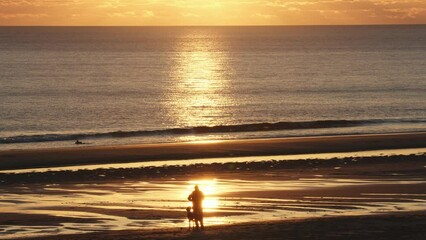 Wall Mural - silhouettes of men with dogs against the backdrop of the beautiful ocean coast of portugal.