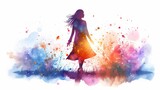 Fototapeta  - A woman walking in a field with colorful splatters on the ground, AI