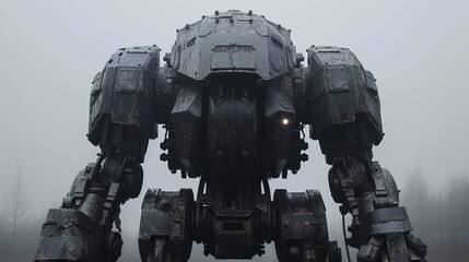 Wall Mural - A large robot standing in the middle of a foggy field, AI