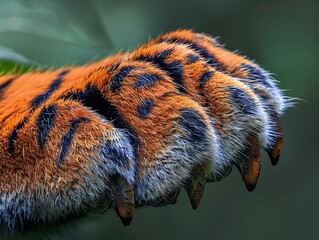 Detailed closeup tiger claw, vivid lighting on sharp edges, natural texture focus, soft green backdrop