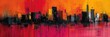 Bold painting of a city skyline with red and yellow hues