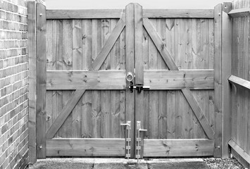 Wall Mural - Double wooden gates on driveway in black and white