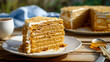 Russian honey cake, layers of moist honey-infused sponge and creamy frosting. Sweet, indulgent perfection with a hint of warmth in every bite, a comforting slice of delight.