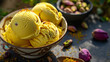 Saffron ice cream, a golden scoop of exotic luxury. Rich, creamy, and delicately flavored with the warmth of saffron threads. A unique and indulgent frozen treat.