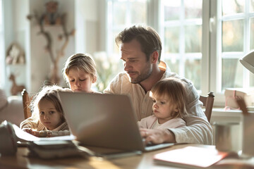 Wall Mural - Father with children working at home