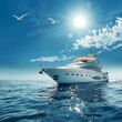 luxury yacht on the open sea, sunny blue sky with three seagulls in the sky