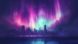 An aurora borealis over a city skyline with purple lights, AI
