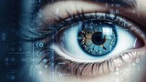 Fototapeta Londyn - Cybernetic eye with blue digital tech enhancements