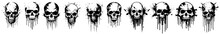 Skulls In A Dark Grunge Style, Splashed Paint Vector Silhouette Print Illustration 