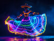 Cinco de Mayo female dancer in neon light. Beautiful female model in traditional costume and sombrero dancing on the dark background.