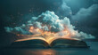 An open book on a dark background emanates a mystical cloud	
