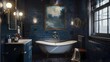 Bathroom interior with blue tile wall and black bathtub - rendering, Generative AI illustrations.