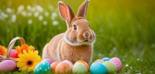 Wall Mural - cute Easter bunny rabbit with colorful painted eggs on green meadow with flowers springtime background. seasonal holiday concept