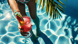 Fototapeta  - Colorful Tropical Cocktail by Poolside with Palm Shadow