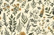 Vintage herbal pattern with a variety of plants on a beige background