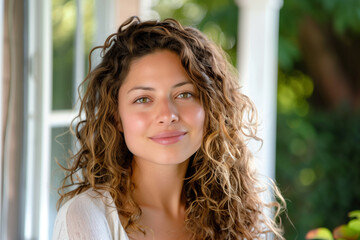 Wall Mural - Portrait of beautiful woman with curly hair, looking at camera and smiling, standing in front of the window on sunny day, wearing white top, summer