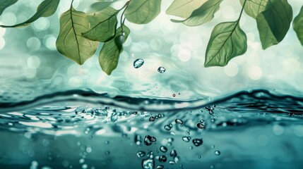 Wall Mural - Serene water ripples and foliage with soft bokeh. Peaceful nature scene with fresh leaves and water.