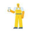 Builder holding smartphone and smiling