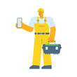 Builder holding smartphone and holding suitcase