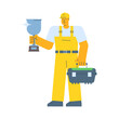 Builder holding silver cup and holding suitcase