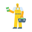 Builder holding wad money and holding suitcase