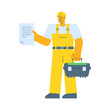 Builder holding document and holding suitcase