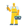 Builder holding wrench and holding suitcase