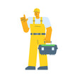 Builder points finger up and holding suitcase